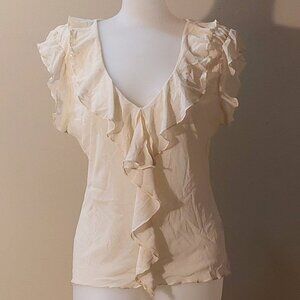 Limited Antique White Knit Ruffle-front Flutter-sleeve top Size: L